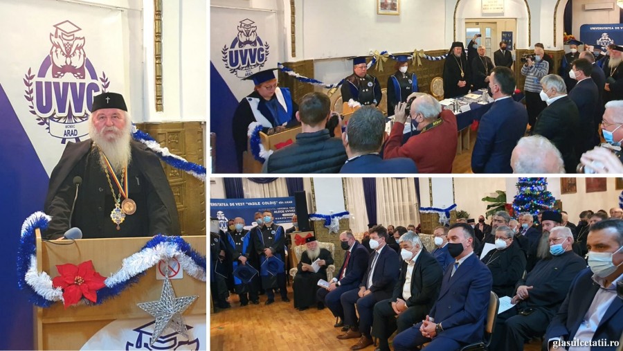 (FOTO) Mitropolitul Banatului, ”ctitor de eparhie și de Românie”, a primit titlul de Doctor Honoris Causa al Universității de Vest ”Vasile Goldiș” din Arad