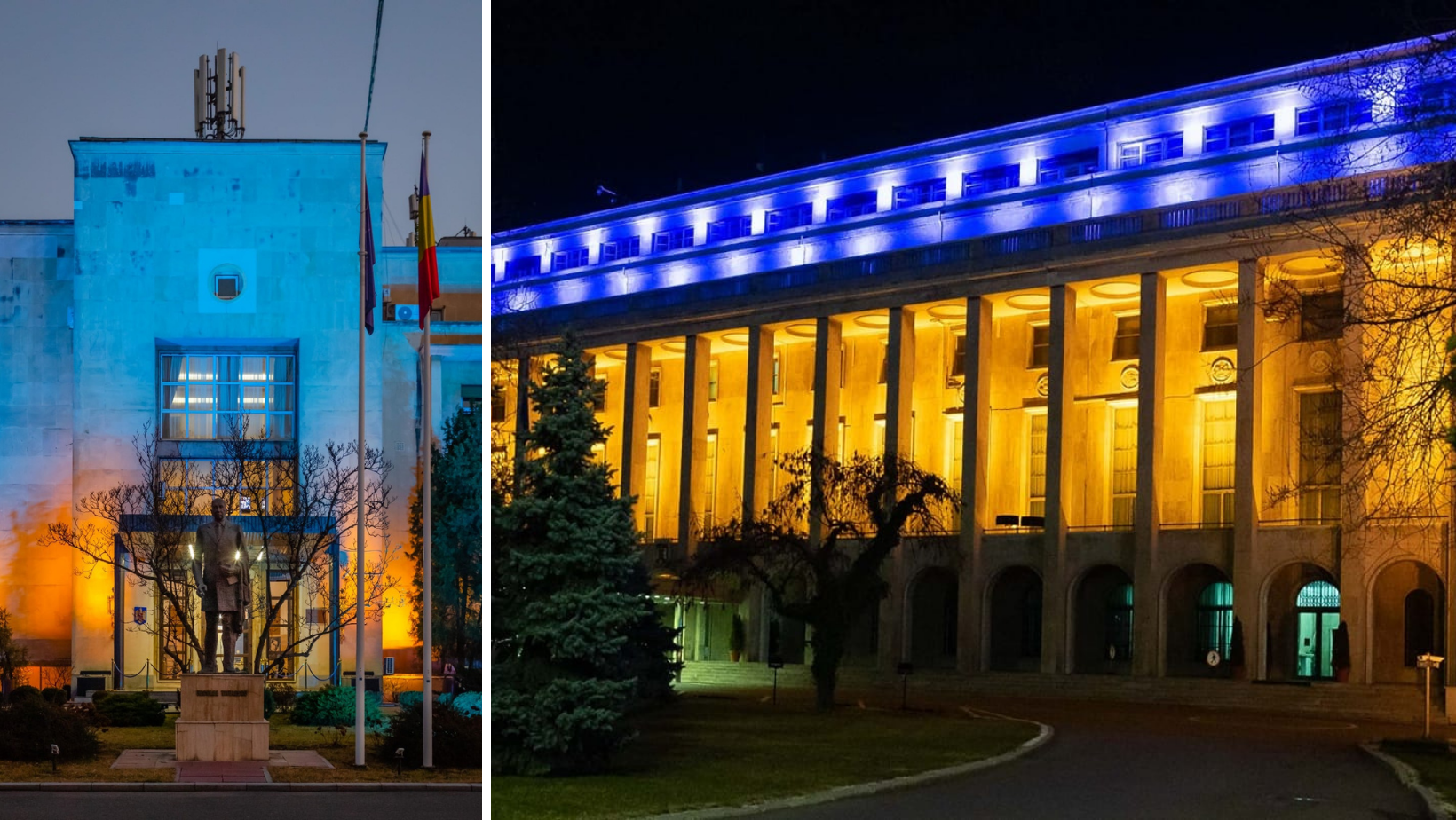 România solidară cu Ucraina și cu cetățenii săi. Palatul Victoria și sediul central al MAE, iluminate în culorile drapelului Ucrainei