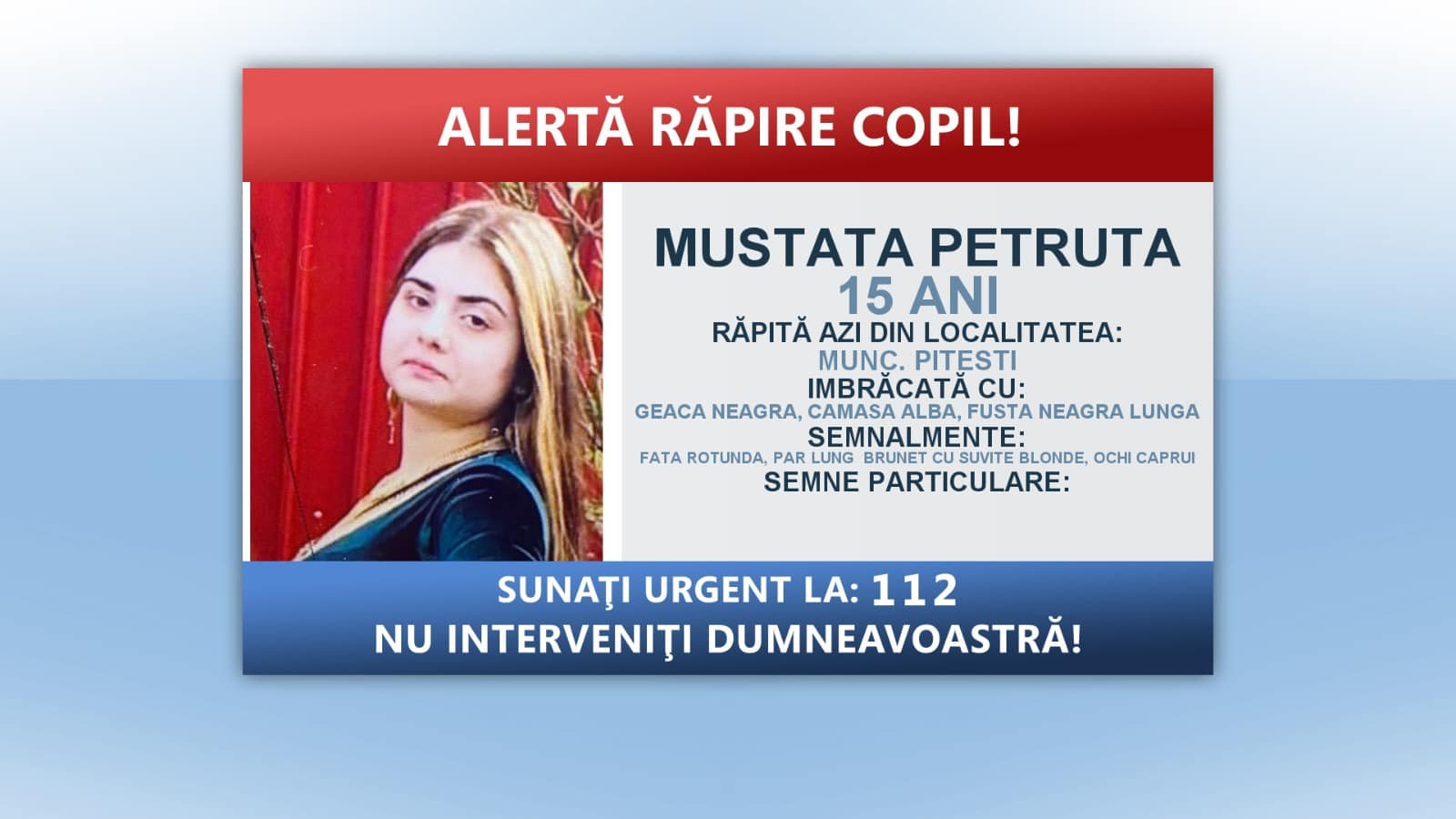 ALERTĂ RĂPIRE COPIL! Dacă o vedeți, sunați la 112!
