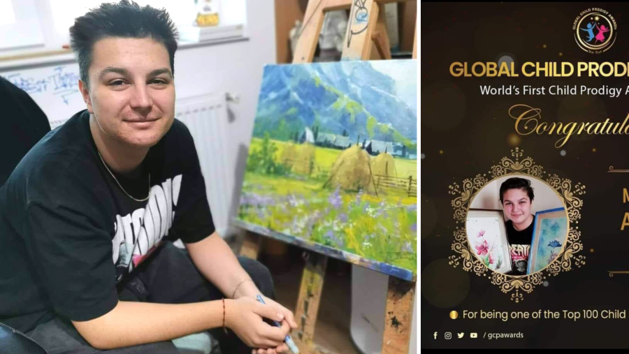 El este David, are 16 ani, iubește să picteze și este singurul român selectat între cei 100 cei mai talentați copii ai lumii premiați la Dubai