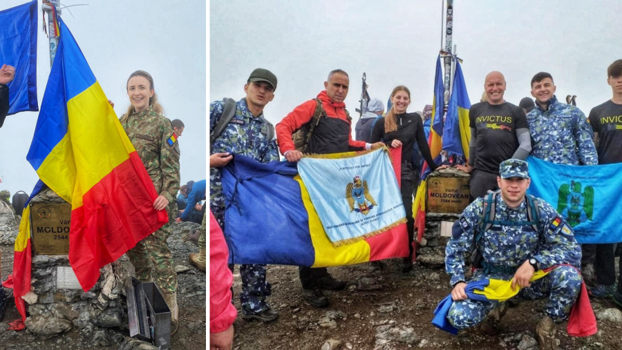Voința învinge orice obstacol. Drapelul României, purtat de militari pe cel mai înalt vârf muntos al României