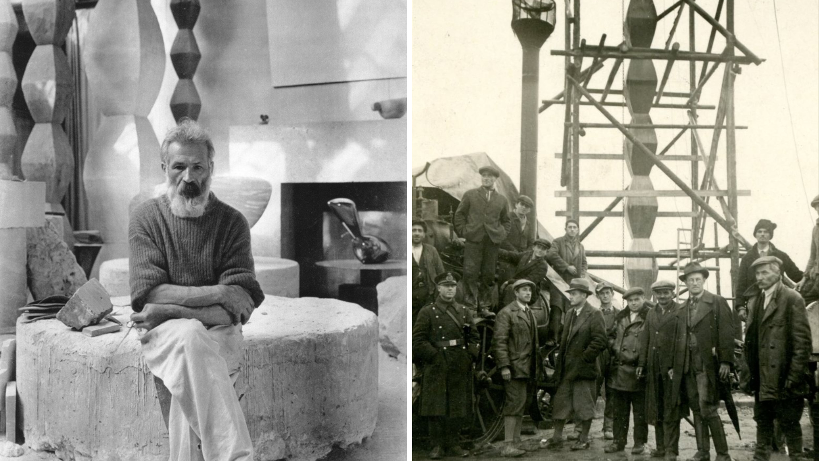 Imagini din timpul ridicării Coloanei fără Sfârșit, din anii 1937-1938, expuse la Târgu Jiu
