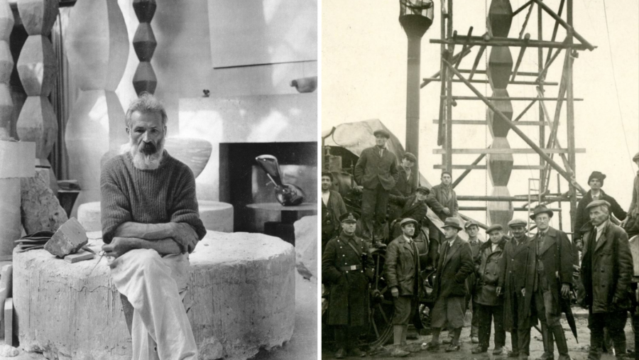 Imagini din timpul ridicării Coloanei fără Sfârșit, din anii 1937-1938, expuse la Târgu Jiu