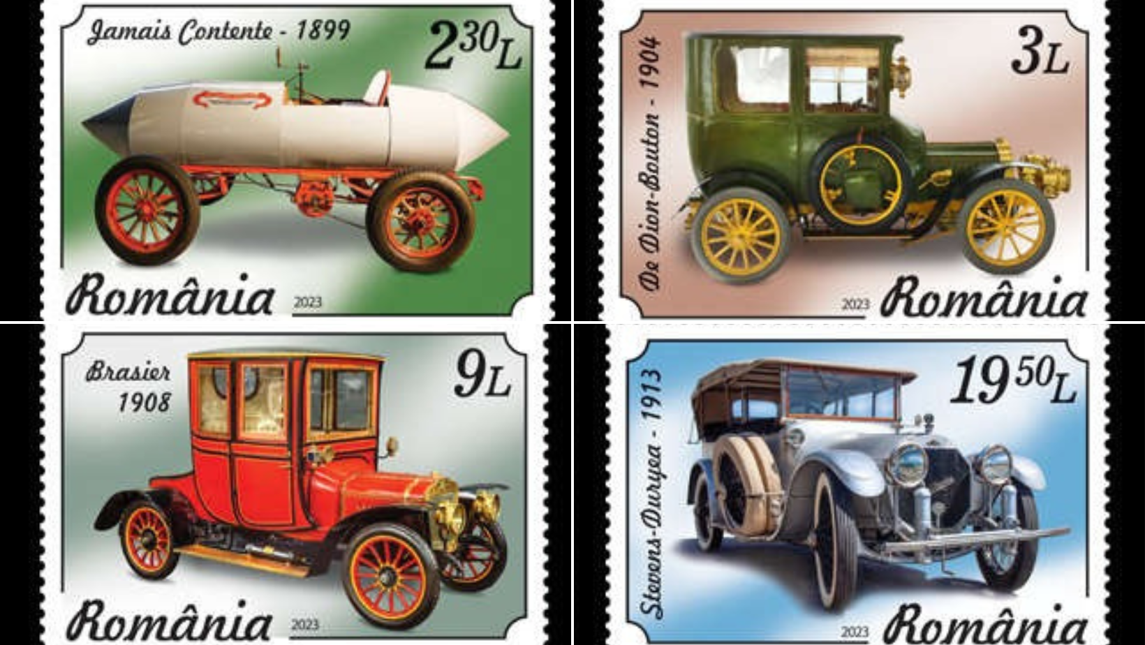 Primul vehicul care a depăşit viteza de 100 de km pe oră, în Emisiunea de mărci poştale ”Istoria automobilului”