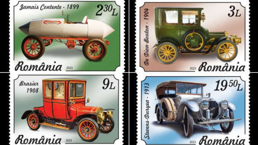 Primul vehicul care a depăşit viteza de 100 de km pe oră, în Emisiunea de mărci poştale ”Istoria automobilului”