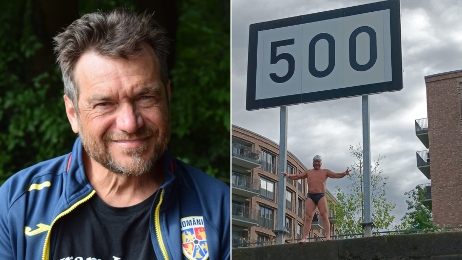 Avram Iancu, la jumătatea cursei de înot pe Rin. ”Înot pentru România, înot pentru Schengen”