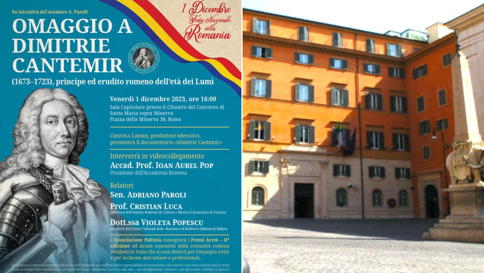 Cărturarul Dimitrie Cantemir, omagiat la prestigioasa Bibliotecă a Senatului Italian de Ziua Națională a României