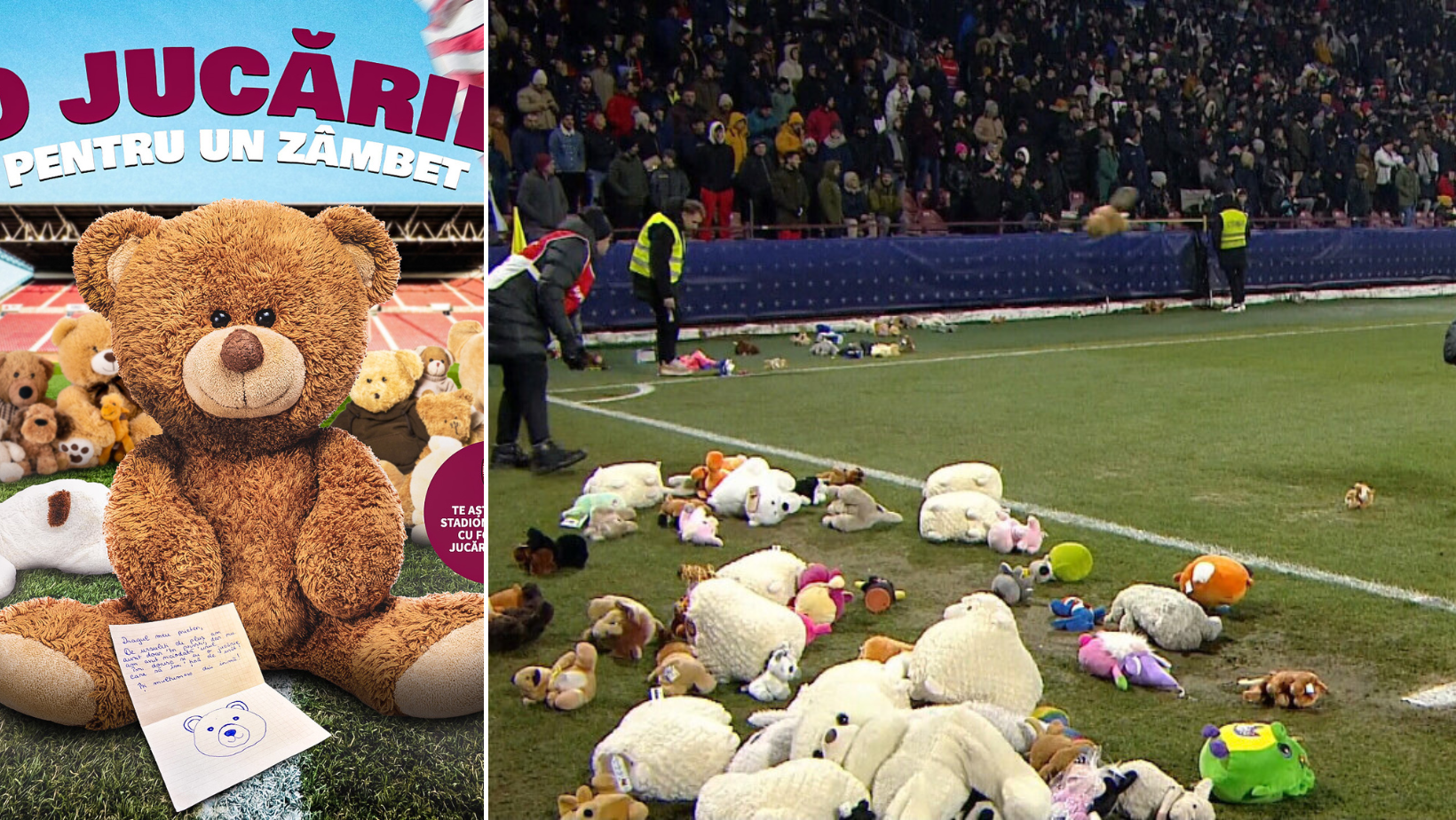 Moment de suflet înainte de startul derby-ului CFR Cluj – FCSB. Fanii au umplut terenul cu jucării de pluș, care vor fi donate copiilor nevoiași