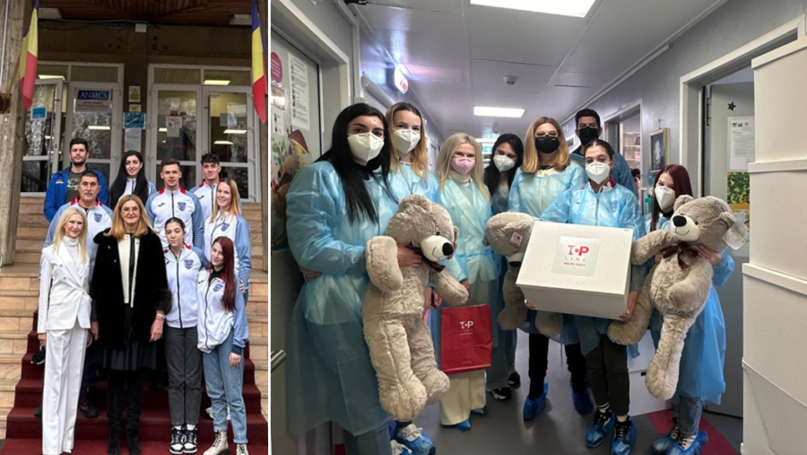 Elisabeta Lipă și canotorii din lotul de tineret, în vizită la copiii internați la secția de oncologie a Spitalului Marie Curie