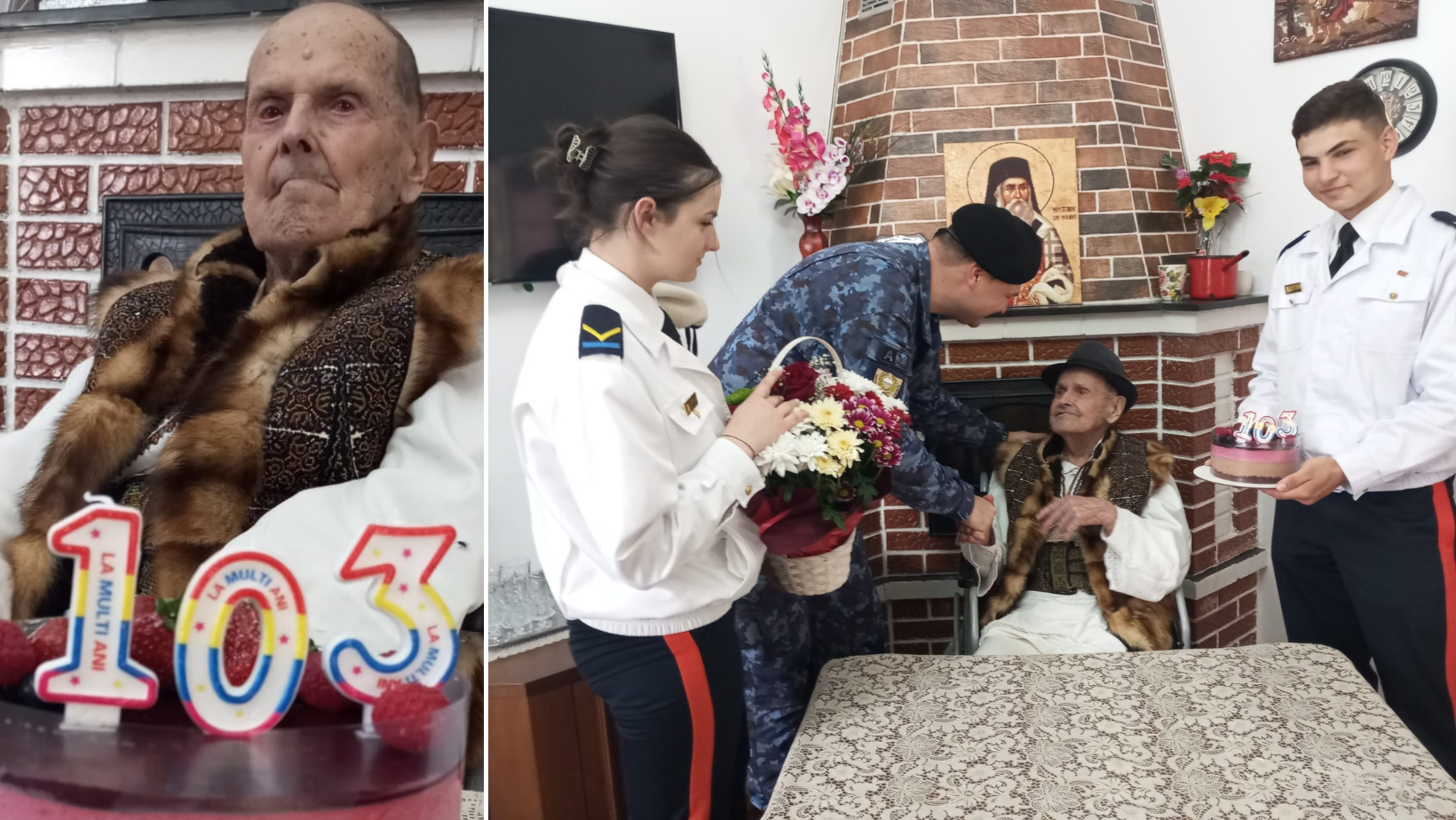 Veteranul de război Vasile Pomohaci, sărbătorit de elevii militari la 103 ani