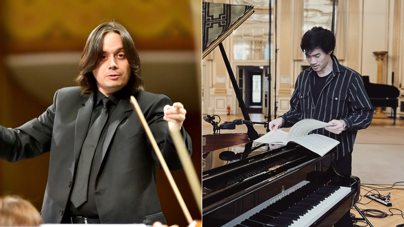 Dirijorul Gabriel Bebeşelea şi pianistul Bruce Liu, pe scena Ateneului Român