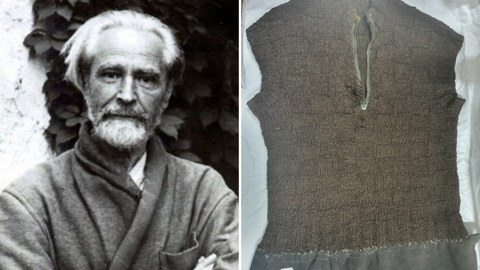 Vesta din lână purtată de poetul și medicul Vasile Voiculescu în perioada de detenție, expusă la 'ROMLAG 1945-1965'