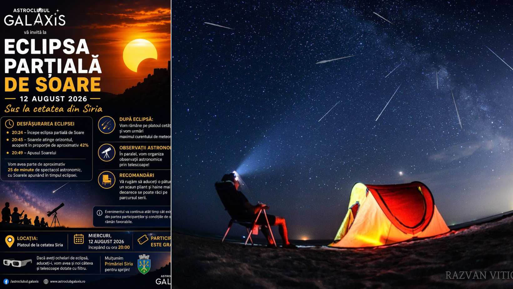 Eclipsa parțială de soare și Perseidele vor putea fi observate gratuit cu telescoape la Cetatea Șiriei